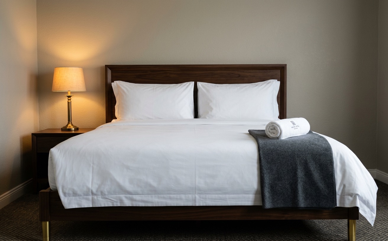 Nydelig oppkledd hotellseng med hvite linlag og mange puter